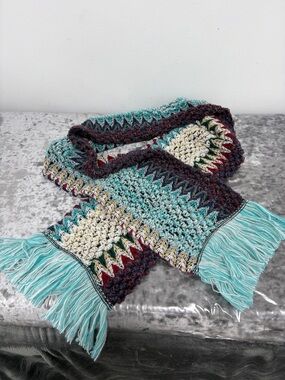 NWOT Multicolor Crochet Scarf with Teal Fringe
